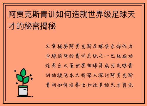 阿贾克斯青训如何造就世界级足球天才的秘密揭秘